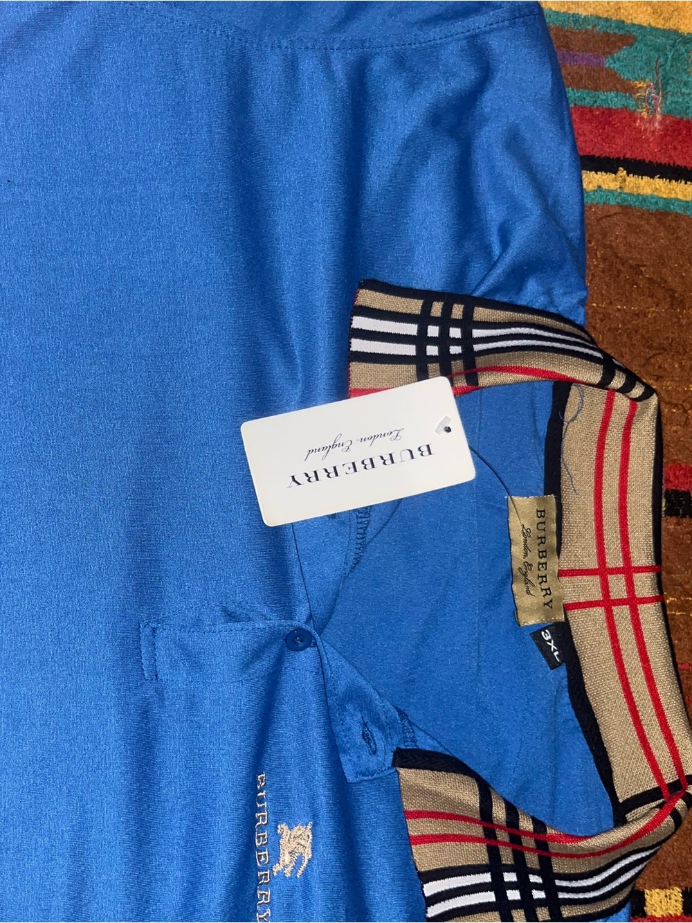 Burberry Blue Polo with Classic Check Collar - Picture 2 of 6